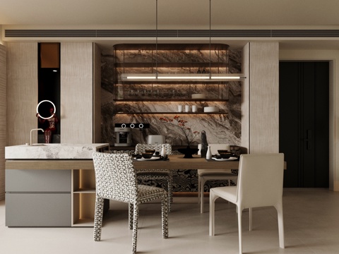  现代意式家居餐厅 轻奢意式餐厅 岛台餐厅 餐椅 黑白灰餐厅3d模型 