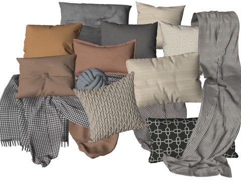  中古风抱枕沙发搭巾su模型 