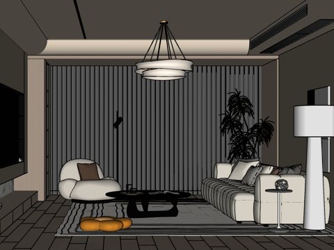 奶油风客厅 沙发茶几组合 绿植 饰品摆件 台灯  背景墙su模型