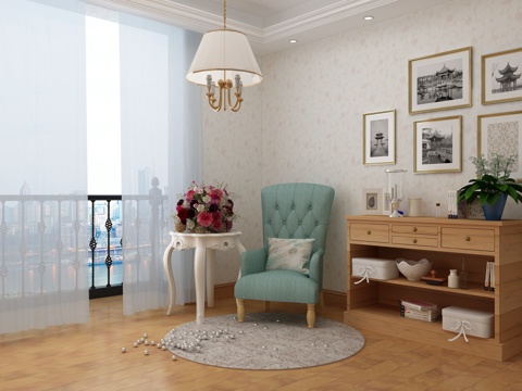  美式边柜 椅子 吊灯 沙发 装饰品 地毯3d模型 