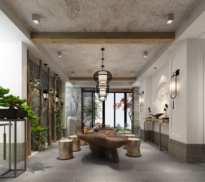  新中式花园阳台 茶室3d模型 