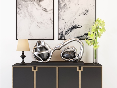  新中式玄关柜 挂画 台灯 花瓶3d模型 