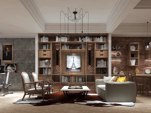  工业风地下休闲室沙发书柜健身器材吊灯地毯3d模型 