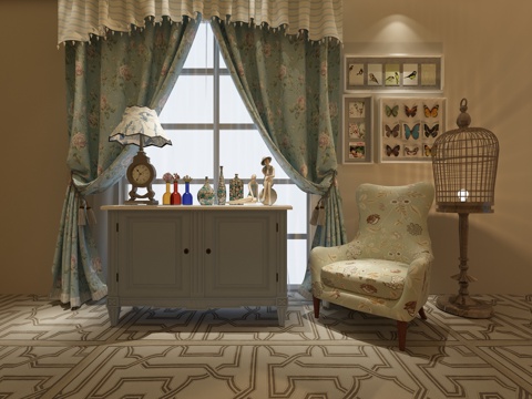  美式边柜 窗帘 沙发 装饰画 台灯3d模型 