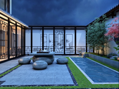  中式花园 阳台 外观一层露台3d模型 