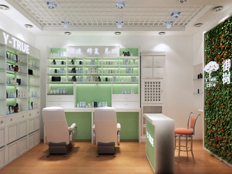  现代美容店 化妆品店 植物爬墙 顶灯 按摩椅3d模型 