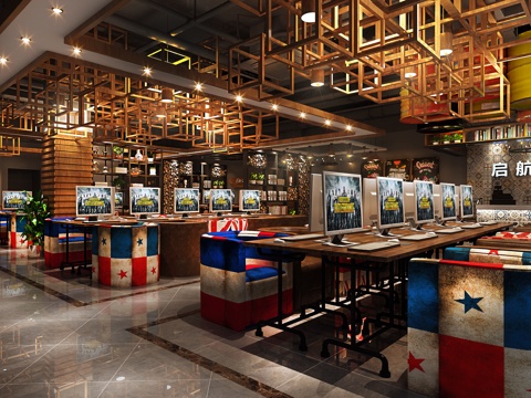  工装空间工业风网吧 网咖 电脑 桌椅 摆件3d模型 