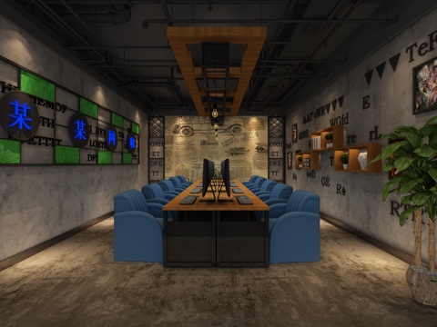  工业风网咖包厢3d模型 