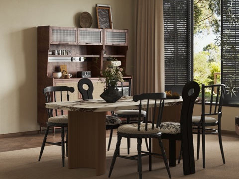  中古风餐厅 餐桌椅 餐边柜3d模型 