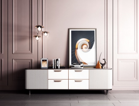  现代轻奢边柜挂画吊灯摆件组合3d模型 