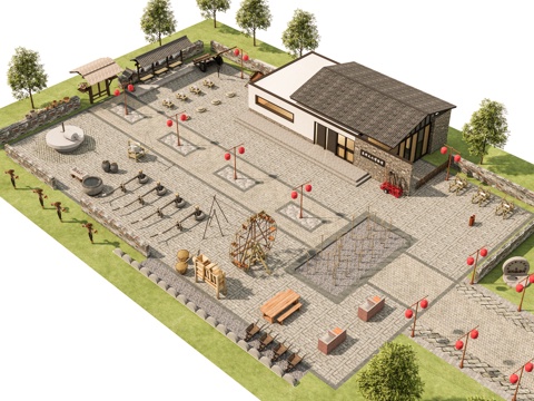  新中式现代博物馆 农耕文化博物馆 农耕展厅 农耕用具 民俗小3d模型 