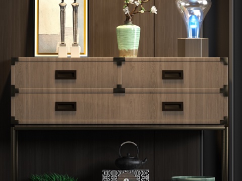  新中式实木端景柜饰品组合3d模型 