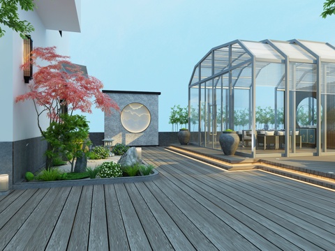  新中式楼顶花园    电动阳光房 景观 户外沙发餐椅3d模型 