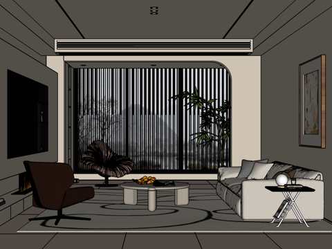 奶油风客厅 沙发茶几组合 绿植 饰品摆件 台灯  背景墙su模型