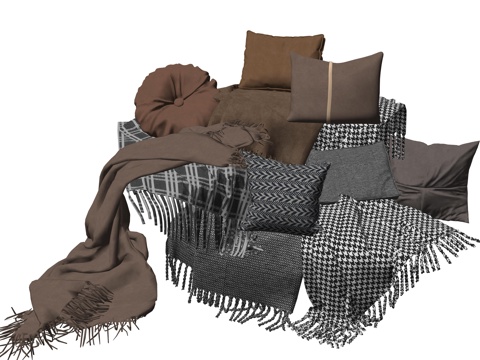  中古风毯子沙发搭巾布艺枕头su模型 