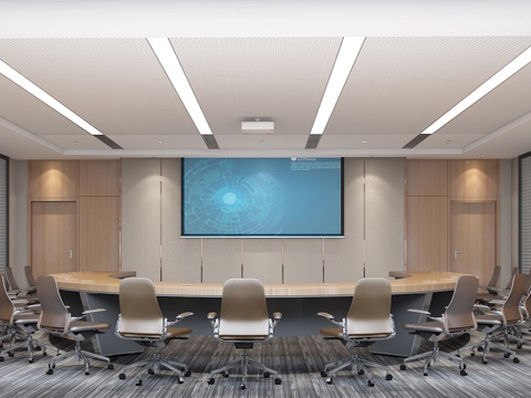  现代标准会议室 圆形会议桌会议椅投影幕3d模型 