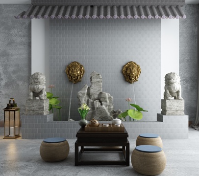  新中式庭院水景小品3d模型 