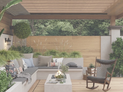  现代奶油风 简约风庭院花园 木制廊架 亭廊 休闲L型卡座 花3d模型 