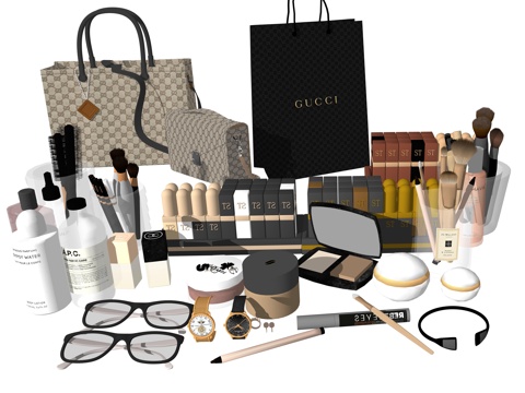 现代桌面化妆品装饰摆件组合su模型