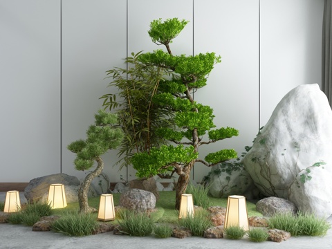  新中式景观小品庭院假山石灯假山建筑小品3d模型 