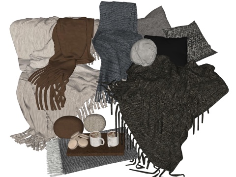  侘寂风毛毯沙发搭巾床品su模型 