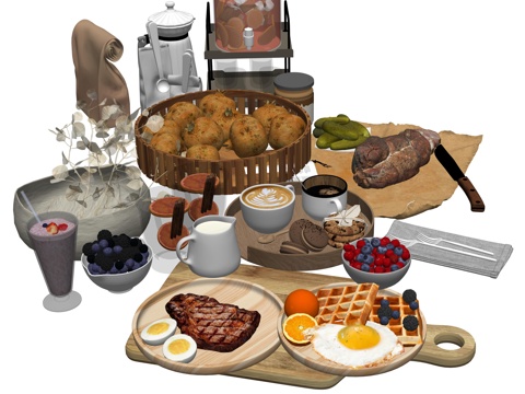  现代餐厅美食水果饮品su模型 