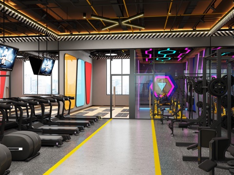  现代工业风健身会所健身房健身器材动感单车瑜珈室3d模型 