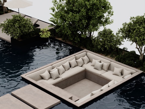  现代户外休闲空间 水景泳池 汀步 下沉回字形卡座 休闲木平台3d模型 