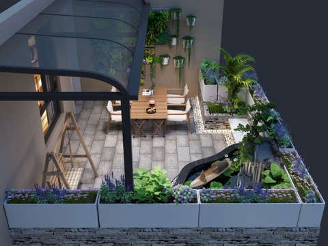  屋顶露台休闲桌椅花园3d模型 