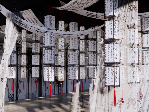  新中式 美陈 诗词文化展厅 古灯笼书法门帘 艺术文化美陈 灯su模型 