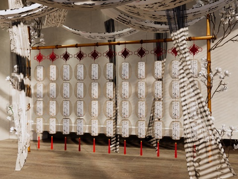 新中式 美陈 诗词文化展厅 古灯笼架 艺术文化美陈 灯笼 书su模型