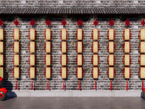 新中式 景墙 灯笼景墙围墙 竹编红灯笼 酒坛 软装灯笼 古镇su模型