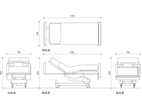 医院病床 医用床 护理床 多功能病床 电动病床 手动调节床cad施工图