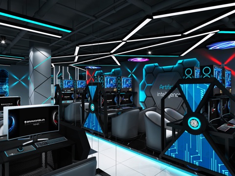  工业风科技感网咖网吧3d模型 