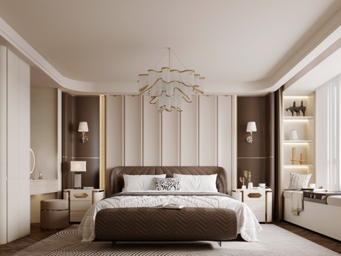 现代意式家居卧室 意式轻奢家居卧室 意式靠背双人床 无主灯su模型