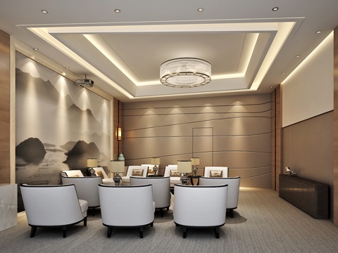  现代接待室 会客室 VIP洽谈室  装饰画 沙发 吊灯 台灯3d模型 