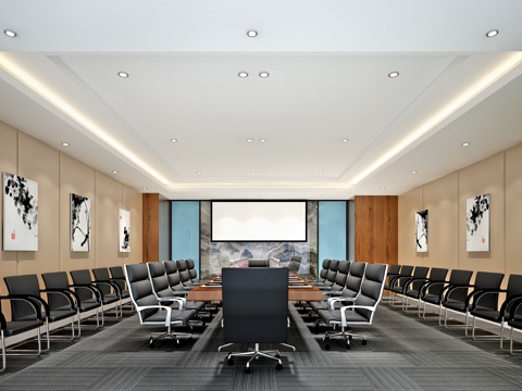  现代公司影音室 多功能会议室 投影仪 装饰画 接待室 会客室3d模型 