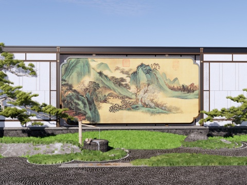 新中式 景墙 山水景墙 禅意庭园景墙 对景景墙 夹绢景墙su模型
