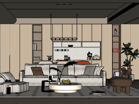 奶油风客餐厅 沙发茶几组合 餐桌椅组合  饰品摆件 台灯 吊su模型