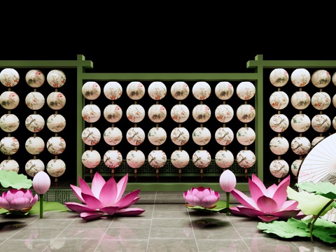 新中式 灯笼美陈 荷花荷叶 中式灯笼架 荷花灯 国潮文化美陈su模型