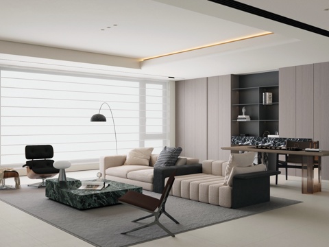  现代意式家居客厅 轻奢意式客厅 高级灰客厅 沙发茶几组合3d模型 