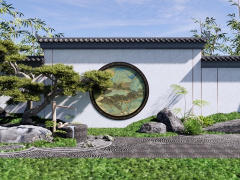新中式 景墙 禅意庭园景墙 对景景墙 夹绢景墙 景石 迎客松su模型