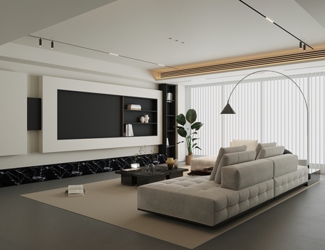  现代意式家居客厅 轻奢意式客厅 高级灰客厅 沙发茶几组合3d模型 