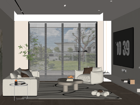 奶油风客厅 沙发茶几组合 绿植 饰品摆件 台灯  背景墙su模型