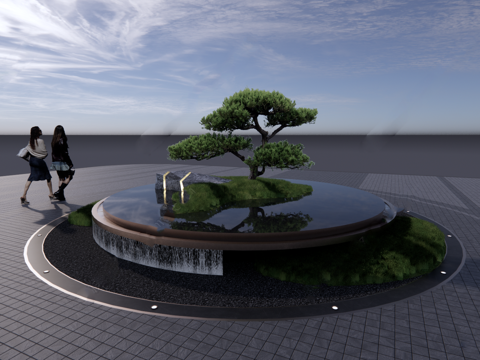 现代水景 小区入口铺装广场 绿化水景su模型