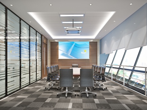  现代公司影音室 多功能会议室  会议桌椅 投影仪 装饰画3d模型 