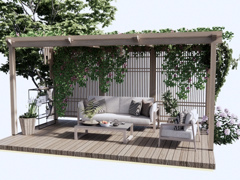 现代 廊架 休闲格栅廊架三角梅爬藤植物藤蔓植物花架廊架茶室盆su模型