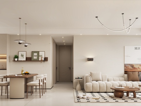  奶油风客餐厅 奶油风沙发 奶油风电视背景 奶油风墙饰3d模型 