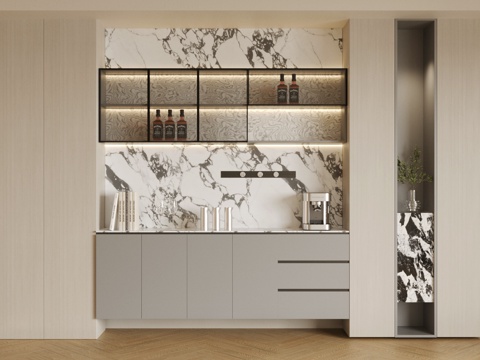 现代轻奢餐边柜 轻奢意式餐边柜 餐边柜摆件 玻璃门餐边柜su模型