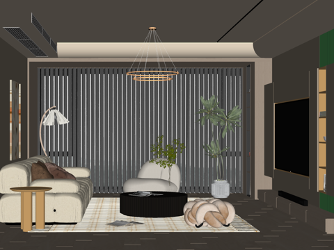 奶油风客厅 沙发茶几组合 绿植 饰品摆件 台灯  背景墙su模型